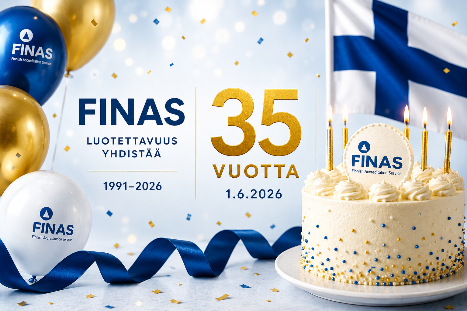 FINAS 35 vuotta, kuvassa kakku ja ilmapalloja