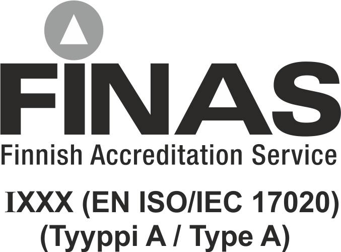FINAS-tunnus, alla teksti IXXX (EN ISO/IEC 17020) (Tyyppi A / Type A)