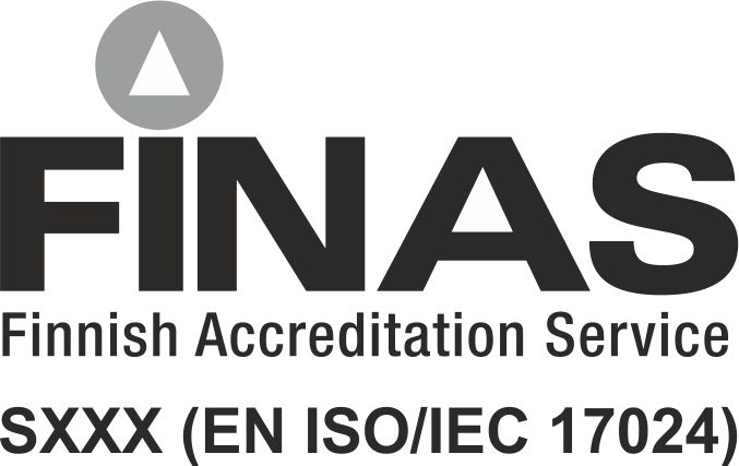 FINAS-tunnus, alla teksti SXXX (EN ISO/IEC 17024)