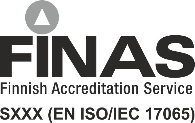 FINAS-tunnus, alla teksti SXXX (EN ISO/IEC 17065)