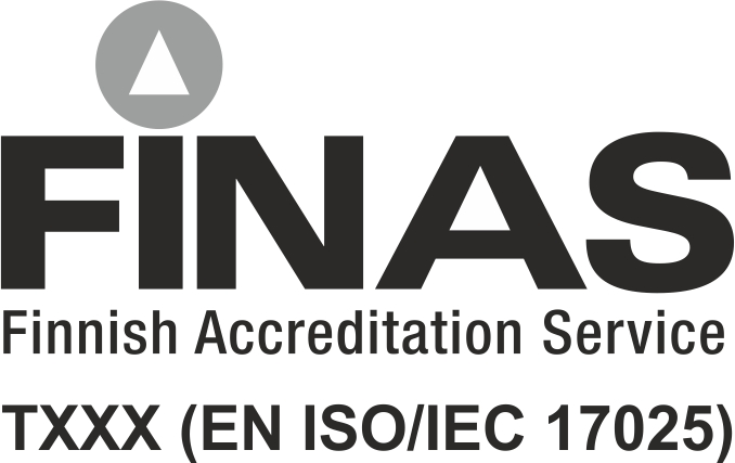 FINAS-tunnus, alla teksti TXXX (EN ISO/IEC 17025)