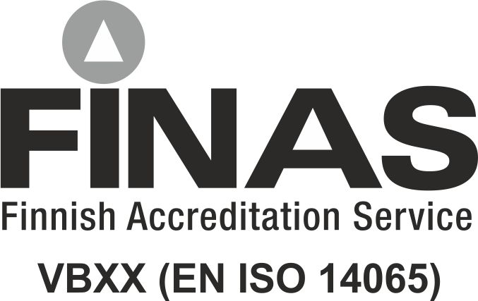 FINAS-tunnus, alla teksti VBXX (EN ISO 14065)